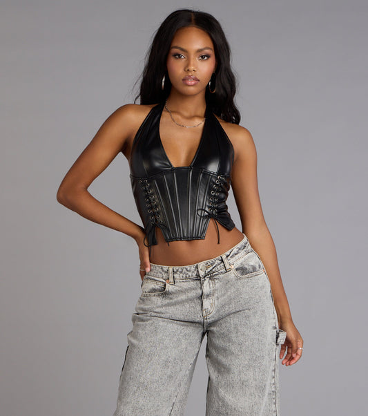 Faux Leather Halter Lace Up Corset Crop Top Structured Fit Airily