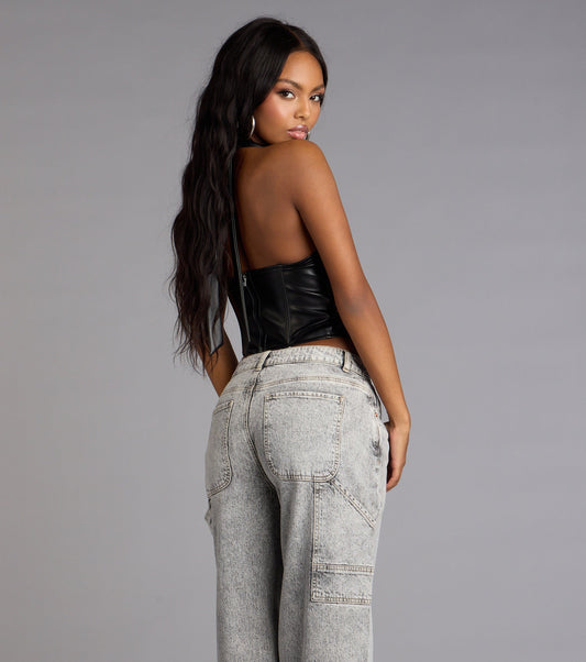 Faux Leather Halter Lace Up Corset Crop Top Structured Fit Airily