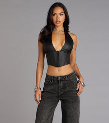 Faux Leather Plunge Halter Lace Up Corset Crop Top Airily