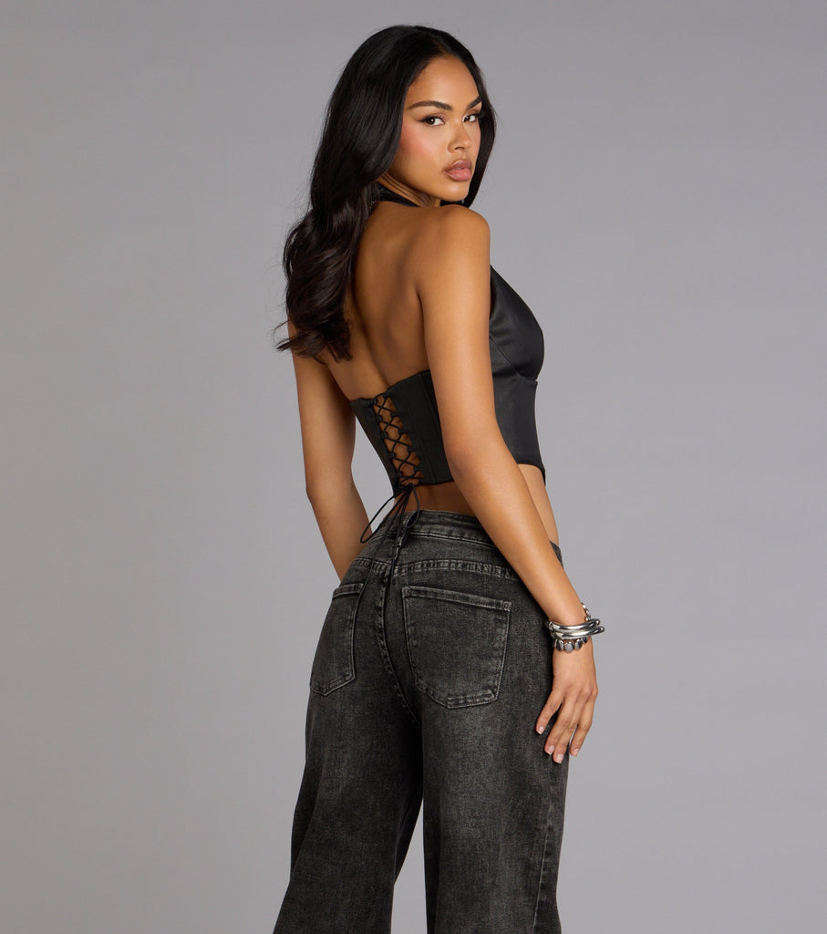 Faux Leather Plunge Halter Lace Up Corset Crop Top Airily