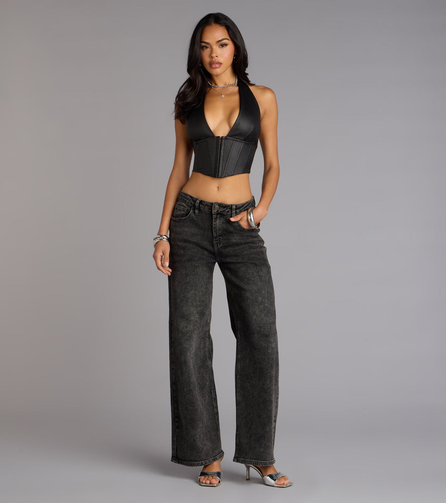 Faux Leather Plunge Halter Lace Up Corset Crop Top Airily