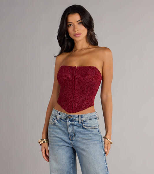 Strapless Lace Up Lace Corset Crop Top Polyester Airily