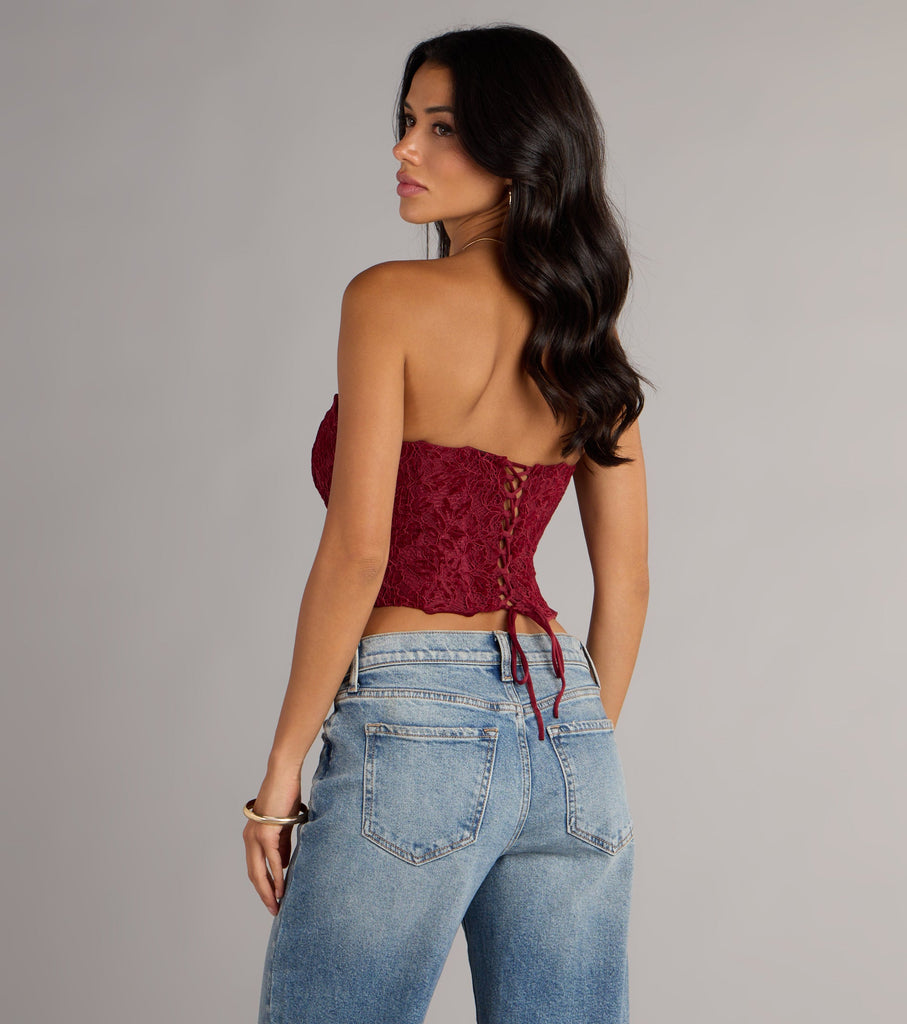 Strapless Lace Up Lace Corset Crop Top Polyester Airily