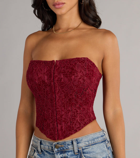 Strapless Lace Up Lace Corset Crop Top Polyester Airily