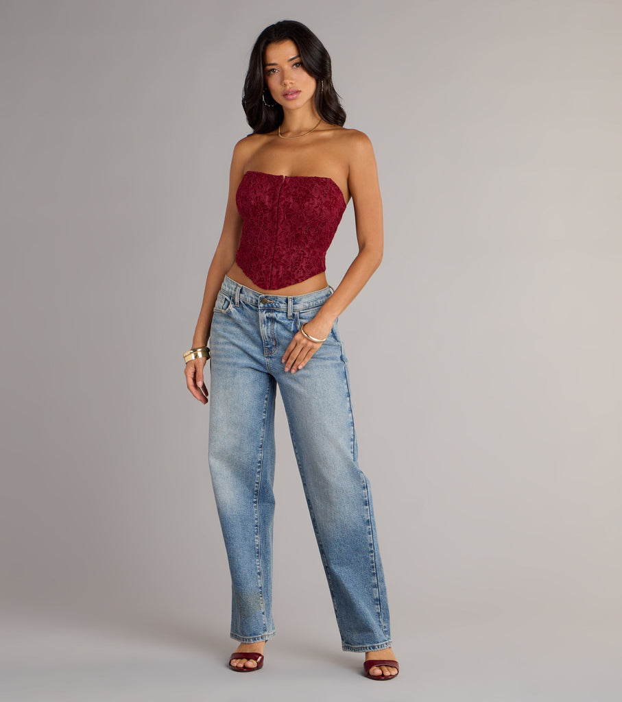 Strapless Lace Up Lace Corset Crop Top Polyester Airily