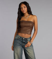 Lace Up Faux Leather Tube Crop Top Grommet Trim Airily