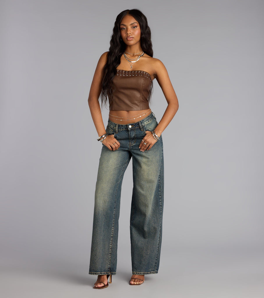 Lace Up Faux Leather Tube Crop Top Grommet Trim Airily