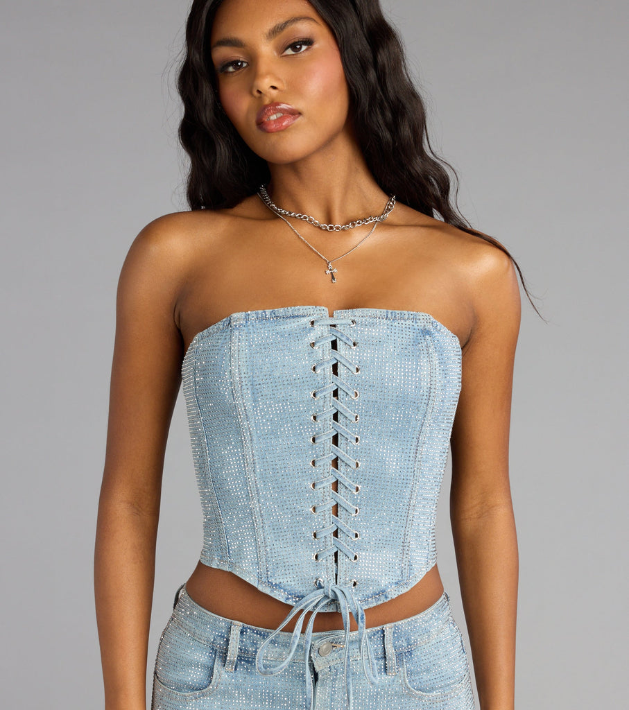 Rhinestone Lace Up Denim Corset Crop Top Structured Bodice Airily