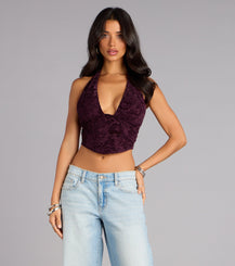 Lace Mesh Plunge Halter Lace Up Crop Top Open Back Airily