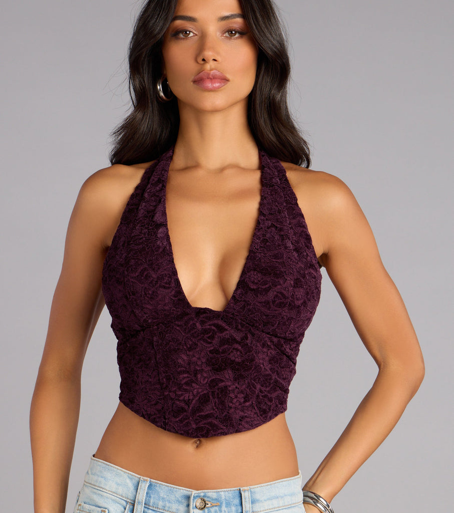 Lace Mesh Plunge Halter Lace Up Crop Top Open Back Airily