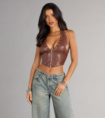 Faux Leather Zip Up Plunge Halter Corset Crop Top Grommet Trim Airily