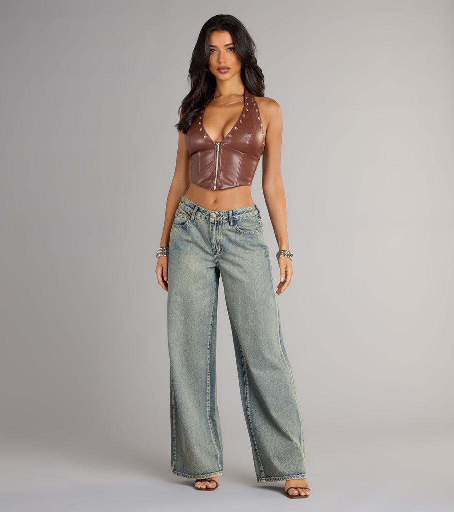 Faux Leather Zip Up Plunge Halter Corset Crop Top Grommet Trim Airily