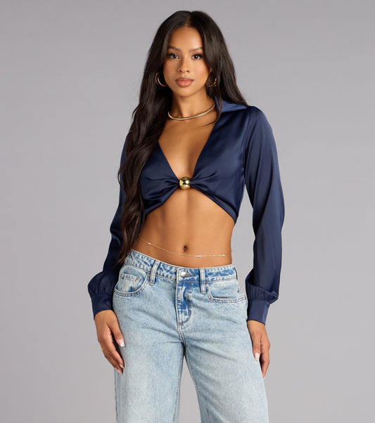 Satin Collared Plunge Long Sleeve Crop Top Hardware Detail Airily
