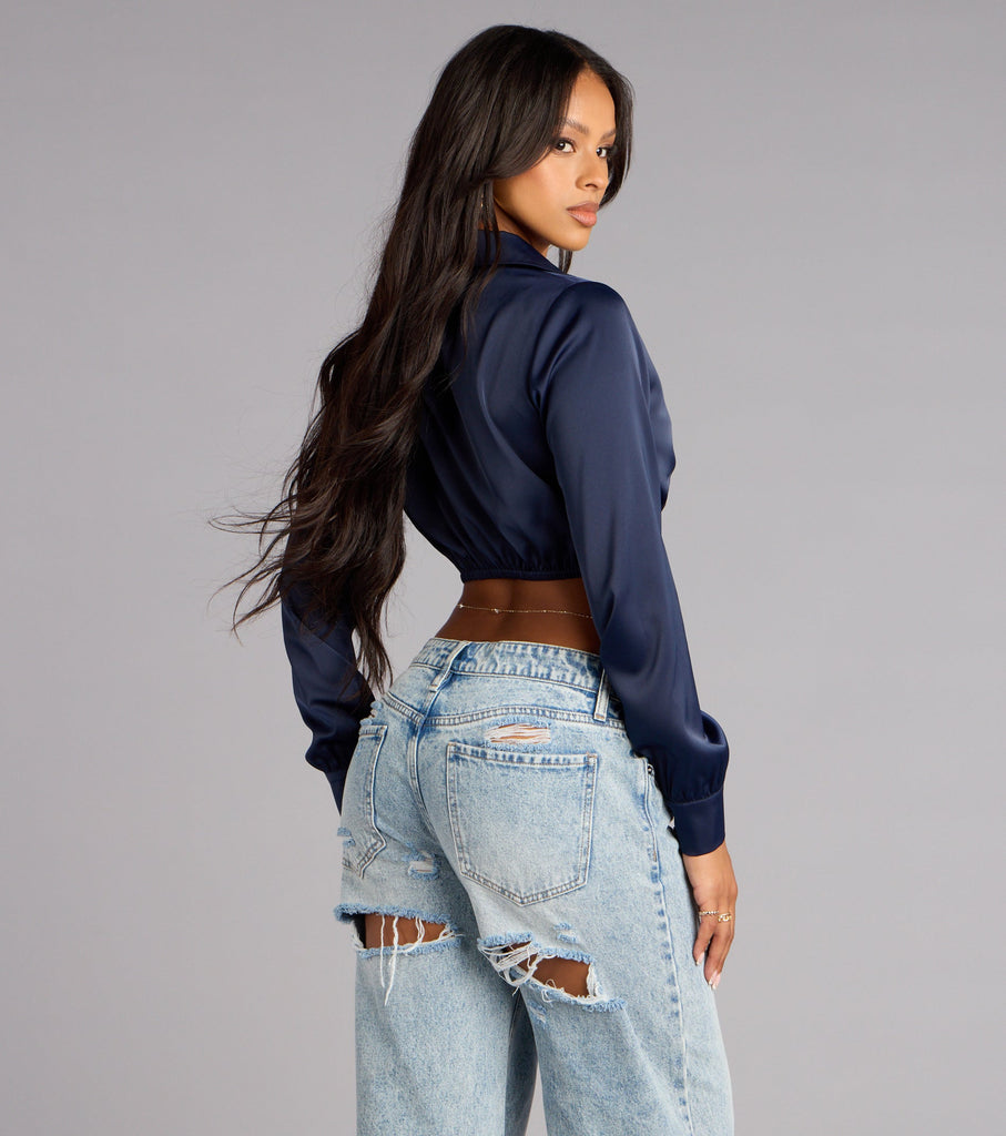 Satin Collared Plunge Long Sleeve Crop Top Hardware Detail Airily