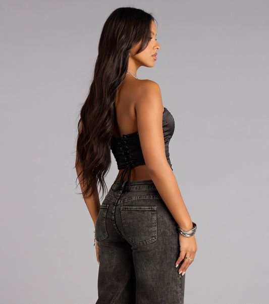 Rhinestone Satin Strapless Corset Top Lace Up Back Airily