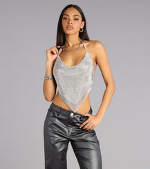 Rhinestone Chainmail Cowl Halter Crop Top Open Back Synthetic Airily