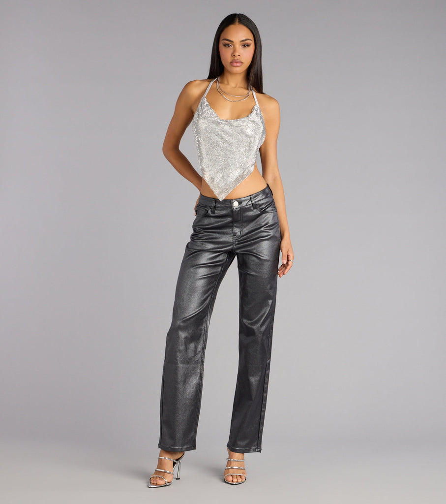 Rhinestone Chainmail Cowl Halter Crop Top Open Back Synthetic Airily