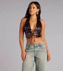 Sequin Plunge Lace Up Halter Crop Top Open Back Airily
