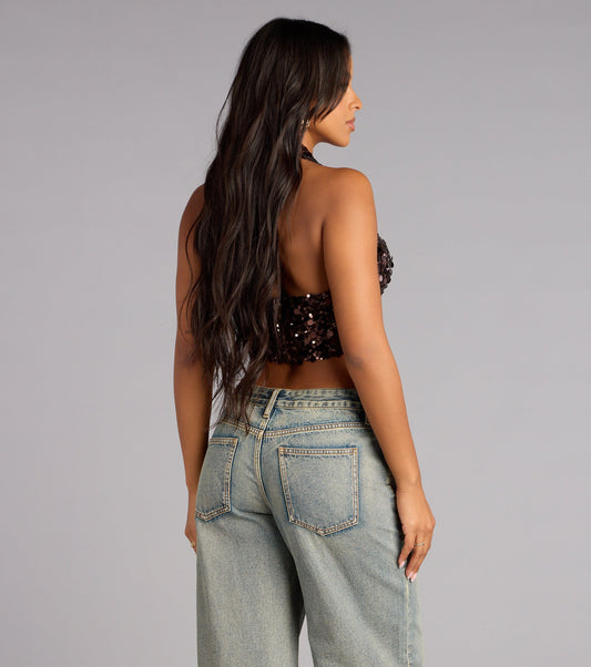 Sequin Plunge Lace Up Halter Crop Top Open Back Airily