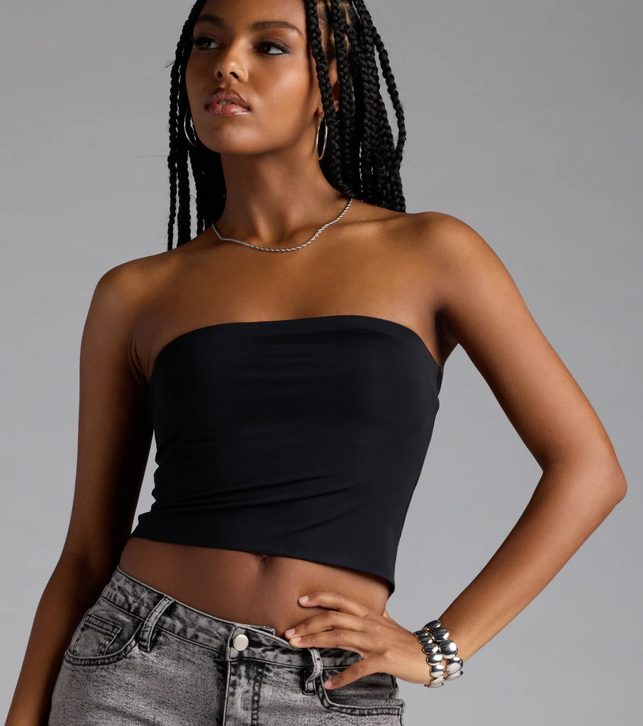 Slinky Knit Bandeau Top Strapless Cropped Summer Top Airily