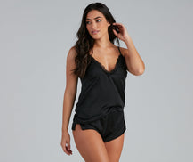 Satin Pajama Set with Lace Trim Cami and High-Waist Shorts – Airily