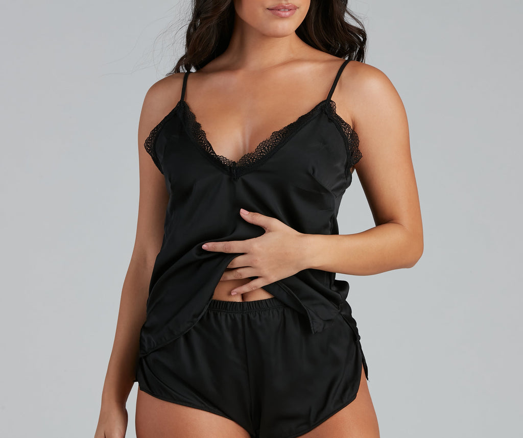 Satin Pajama Set with Lace Trim Cami and High-Waist Shorts – Airily