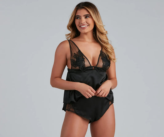 Satin Pajama Set with Floral Applique and Sheer Mesh – Airily