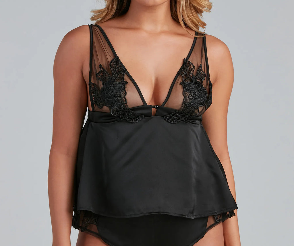 Satin Pajama Set with Floral Applique and Sheer Mesh – Airily