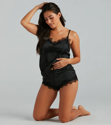 Satin Pajama Set with Cami Top and Shorts, Eyelash Lace Trim – Airily
