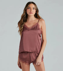 Satin Pajama Set with Cami Top and Shorts, Eyelash Lace Trim – Airily