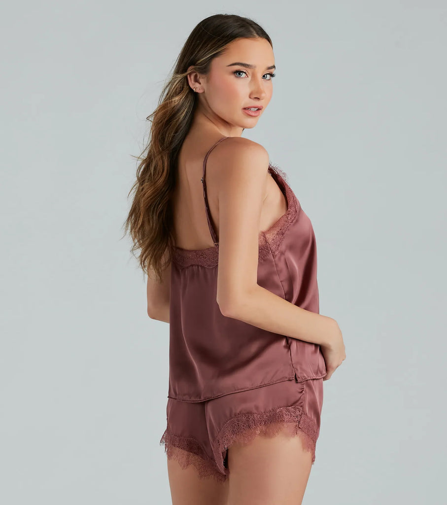 Satin Pajama Set with Cami Top and Shorts, Eyelash Lace Trim – Airily