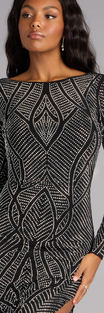 Glitter Crew Neck Long-Sleeve Slit Formal Dress