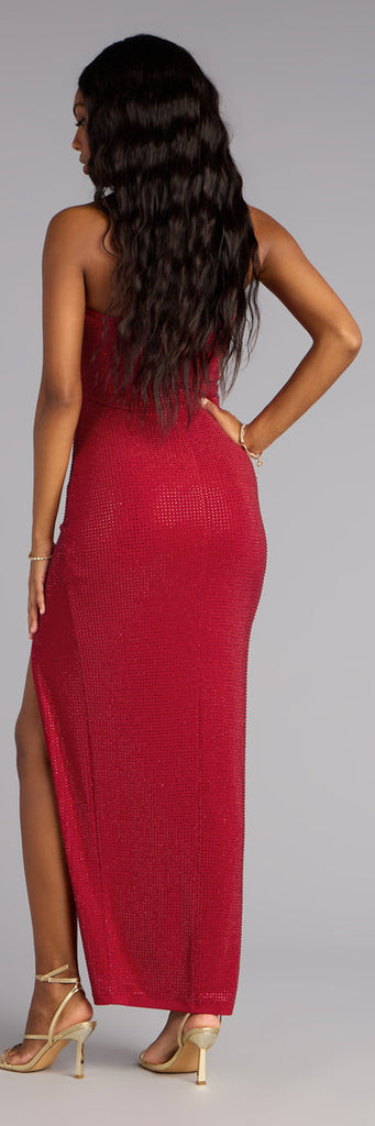 Rhinestone Strapless Cowl Slit Formal Dress