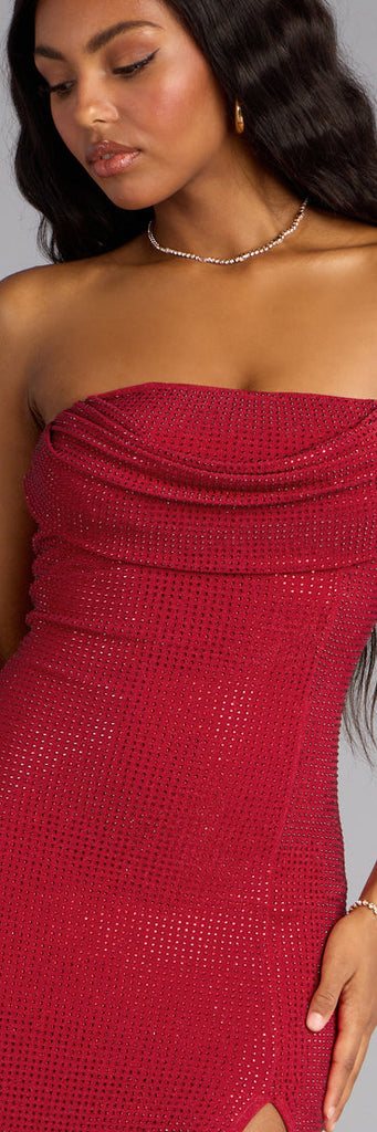 Rhinestone Strapless Cowl Slit Formal Dress