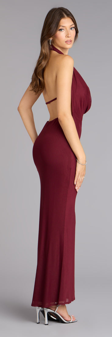 Slinky Halter Cowl Open Back Maxi Dress