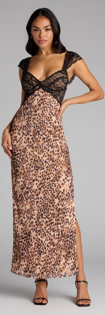 Lace Leopard Mesh Sweetheart Slit Maxi Dress