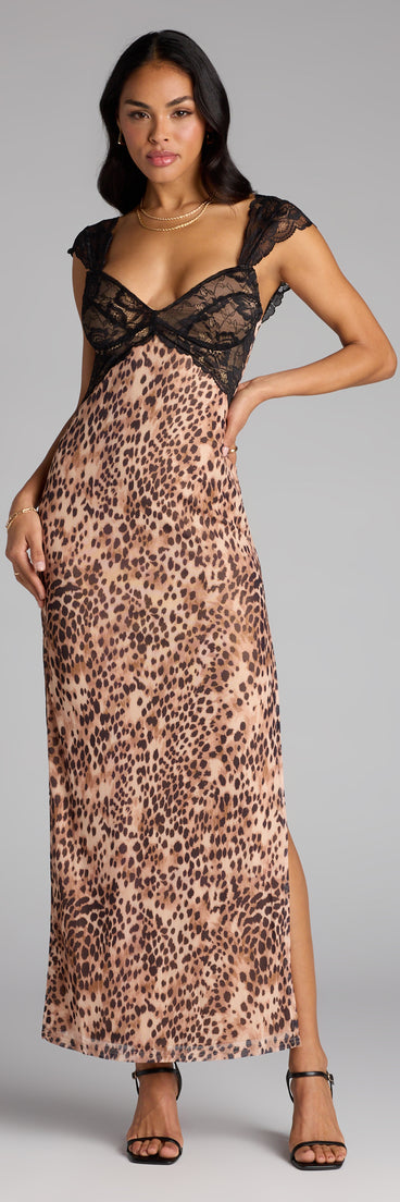 Lace Leopard Mesh Sweetheart Slit Maxi Dress