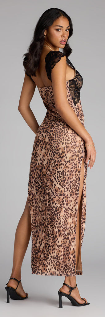 Lace Leopard Mesh Sweetheart Slit Maxi Dress