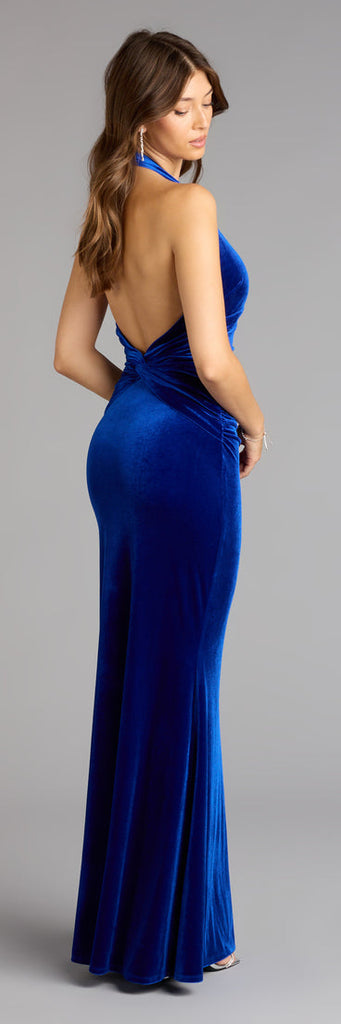 Velvet Plunge Halter Backless Mermaid Formal Dress